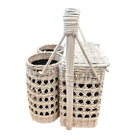 VTG White Wicker Wine Bottle Picnic Basket Organizer Caddy Rattan Cottage‎ - Picture 5 of 12